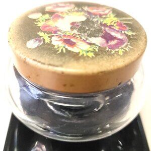 1930s Hazel Atlas Glass Vanity Jar Poppy Flower Litho Metal Lid 2x2.5"